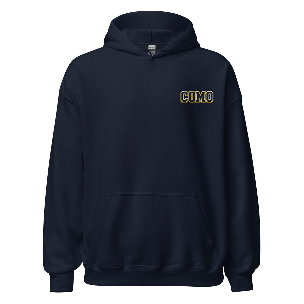 Front view of navy HAGS COMO small logo hoodie, showing small black and gold COMO chest embroidery.