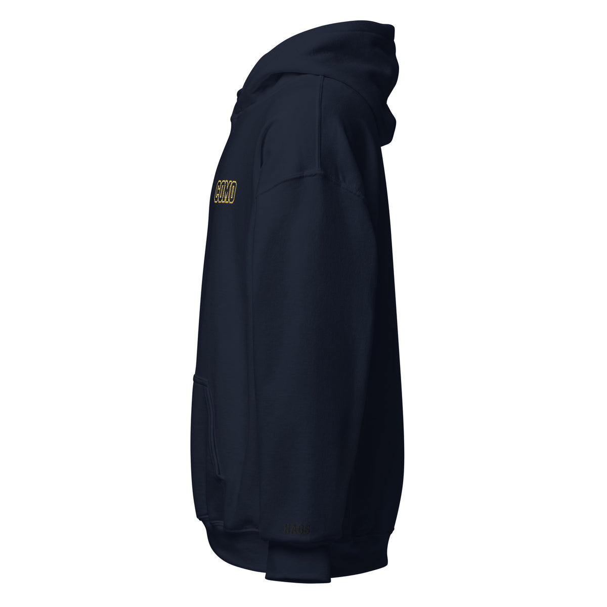 Left-side view of navy HAGS COMO small logo hoodie.