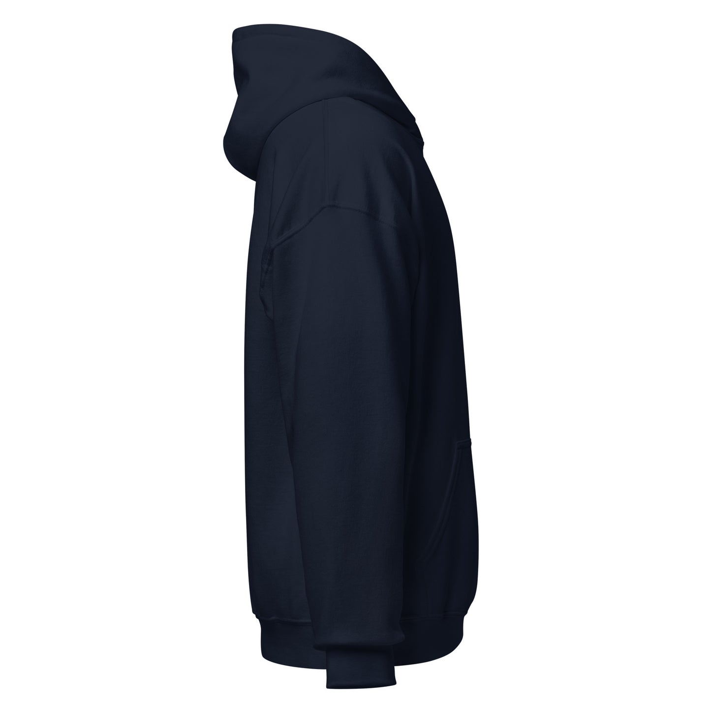 Right-side view of navy HAGS COMO small logo hoodie.