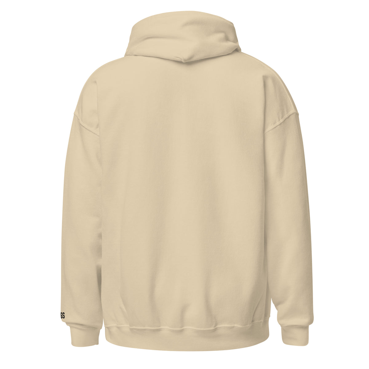 Back view of sand HAGS COMO small logo hoodie, showing plain back and hood.