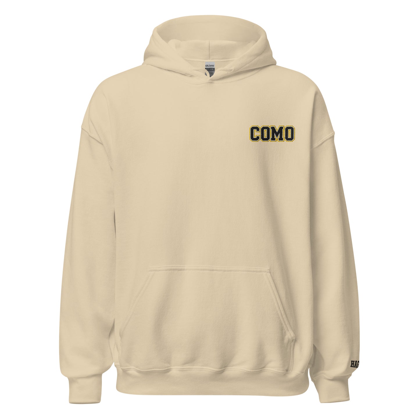 Front view of sand HAGS COMO small logo hoodie, showing small black and gold COMO chest embroidery.