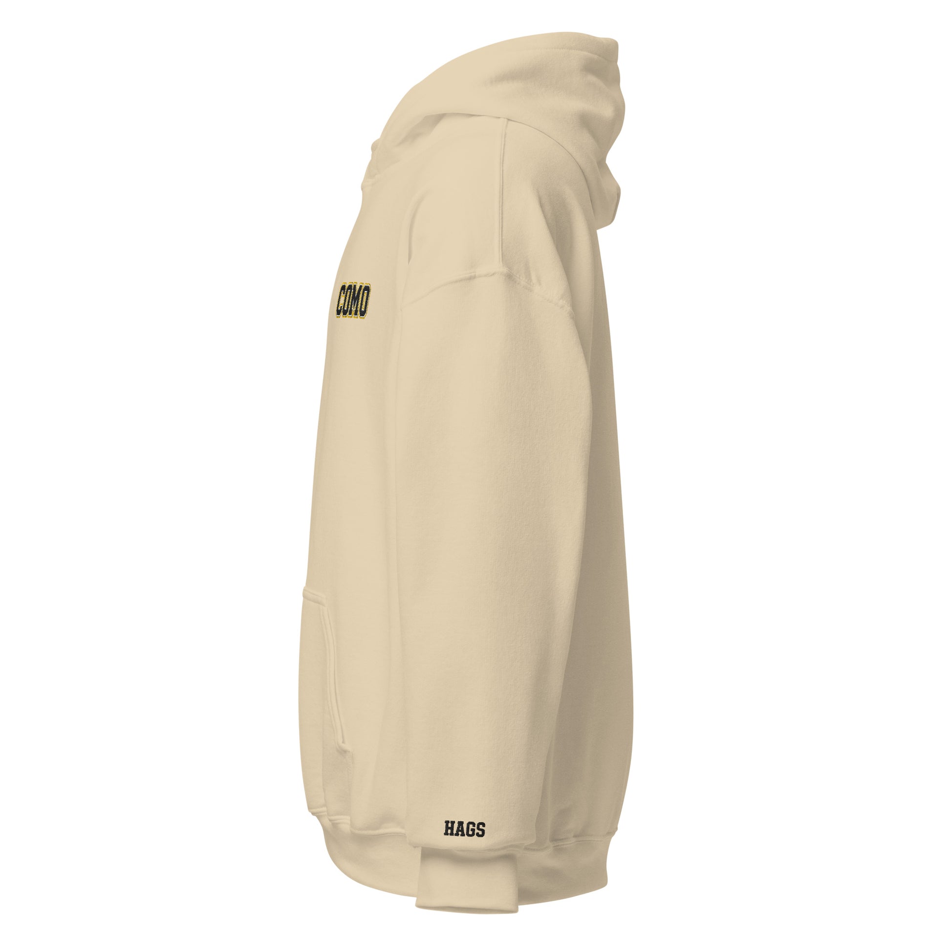 Left-side view of sand HAGS COMO small logo hoodie.