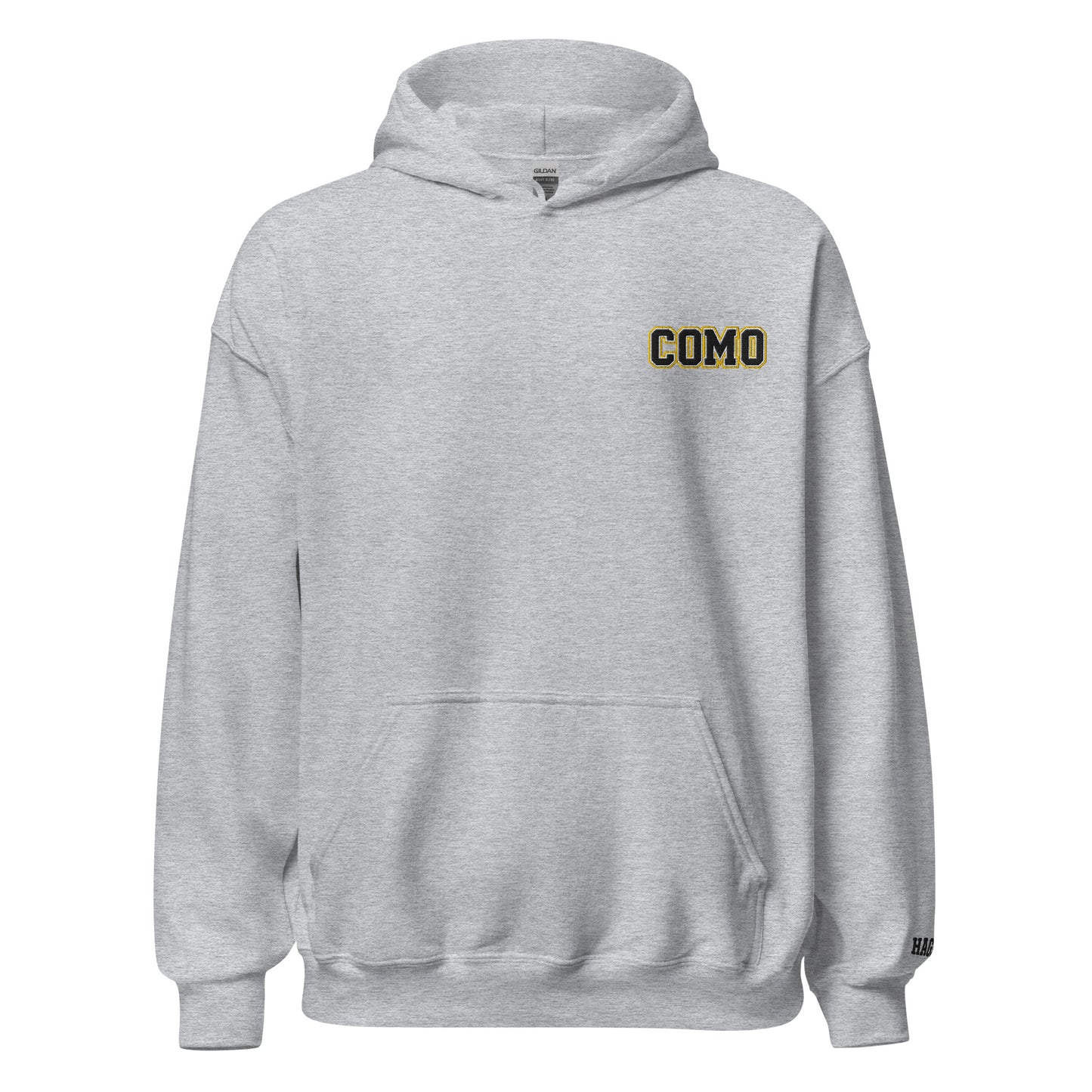 Front view of sport grey HAGS COMO small logo hoodie, showing small black and gold COMO chest embroidery.
