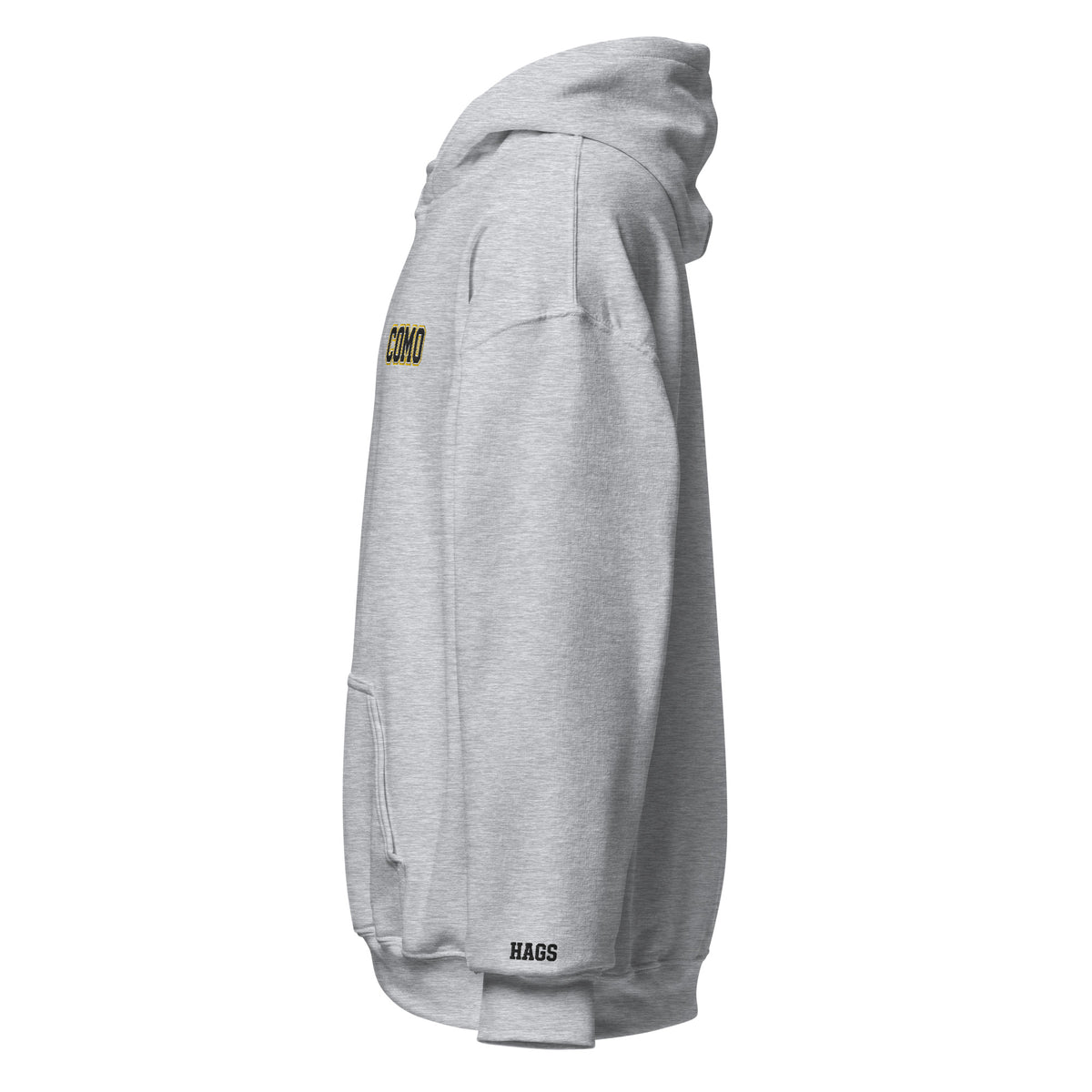 Left-side view of sport grey HAGS COMO small logo hoodie.