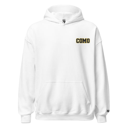 Front view of white HAGS COMO small logo hoodie, showing small black and gold COMO chest embroidery.