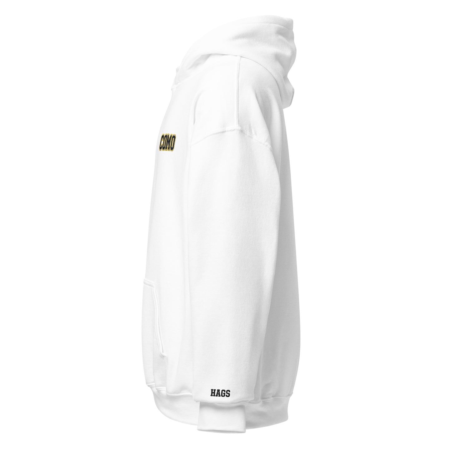 Left-side view of white HAGS COMO small logo hoodie.