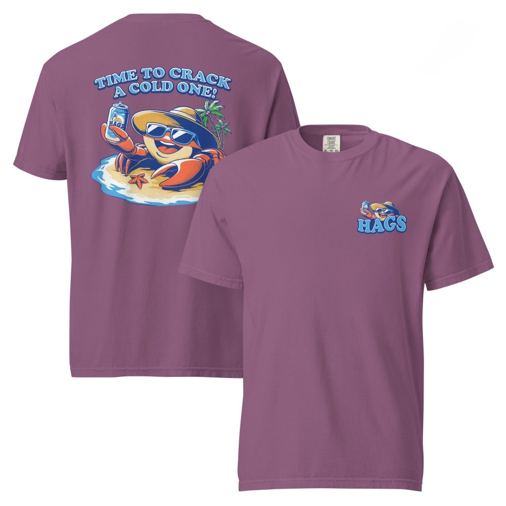 Front and back views of berry purple HAGS Crack a Cold One crab T-shirt, showing small HAGS chest graphic and a colorful crab and Time to Crack a Cold One lettering.