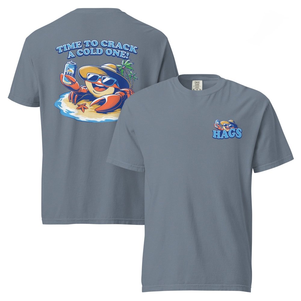 Front and back views of blue gray HAGS Crack a Cold One crab T-shirt, showing small HAGS chest graphic and a colorful crab and Time to Crack a Cold One lettering.
