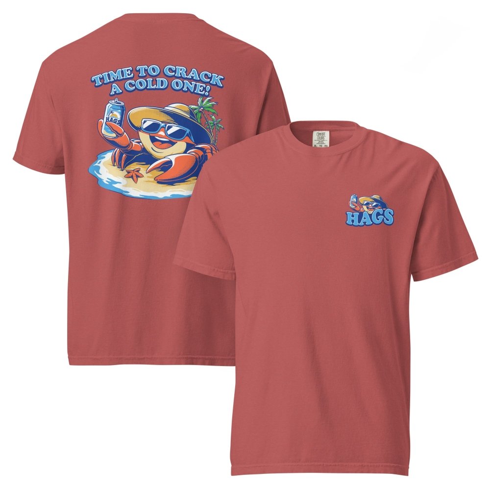 Front and back views of brick red HAGS Crack a Cold One crab T-shirt, showing small HAGS chest graphic and a colorful crab and Time to Crack a Cold One lettering.