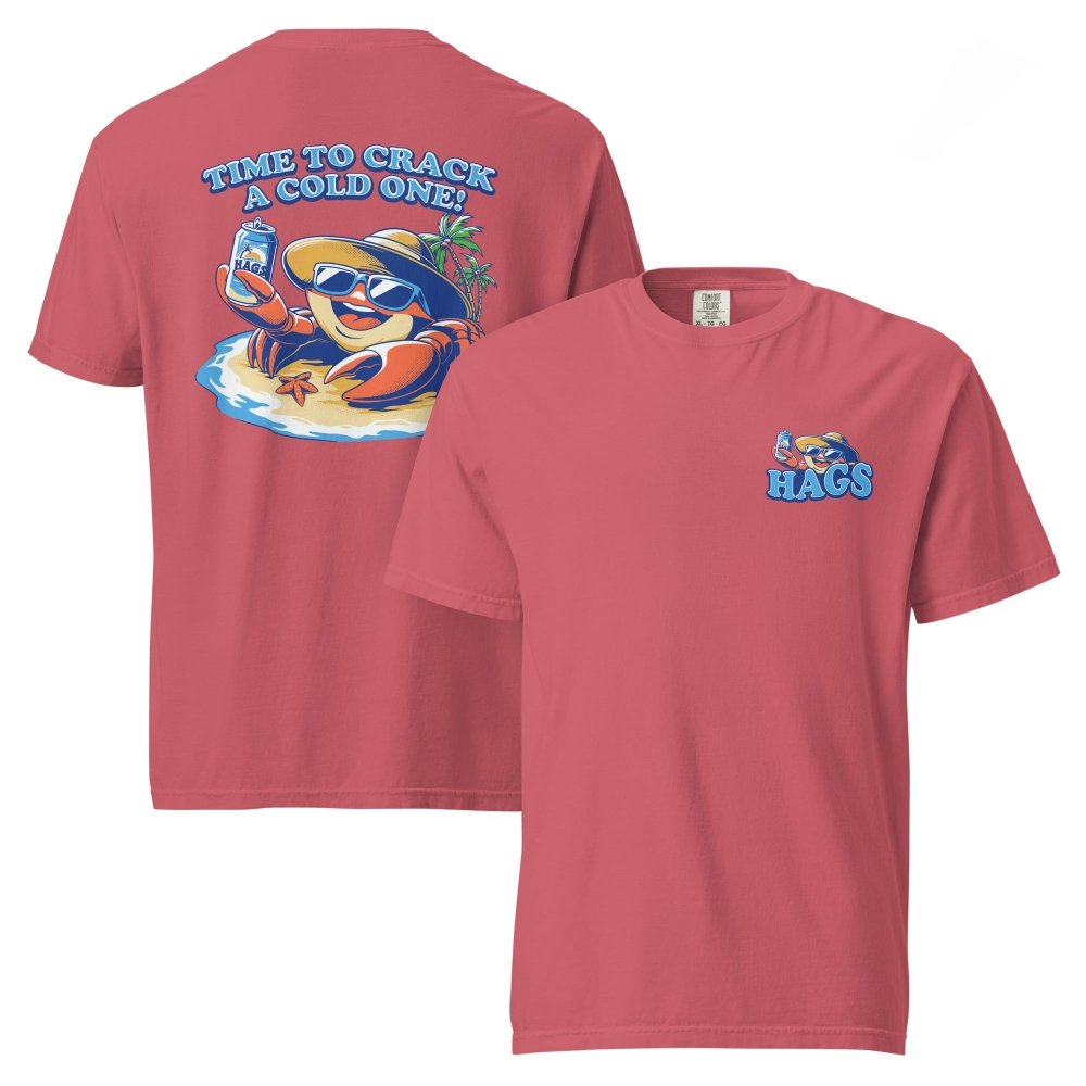 Front and back views of faded red HAGS Crack a Cold One crab T-shirt, showing small HAGS chest graphic and a colorful crab and Time to Crack a Cold One lettering.