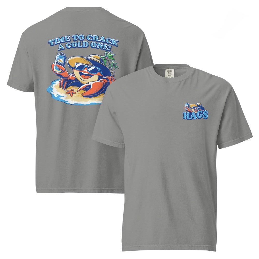Front and back views of gray HAGS Crack a Cold One crab T-shirt, showing small HAGS chest graphic and a colorful crab and Time to Crack a Cold One lettering.