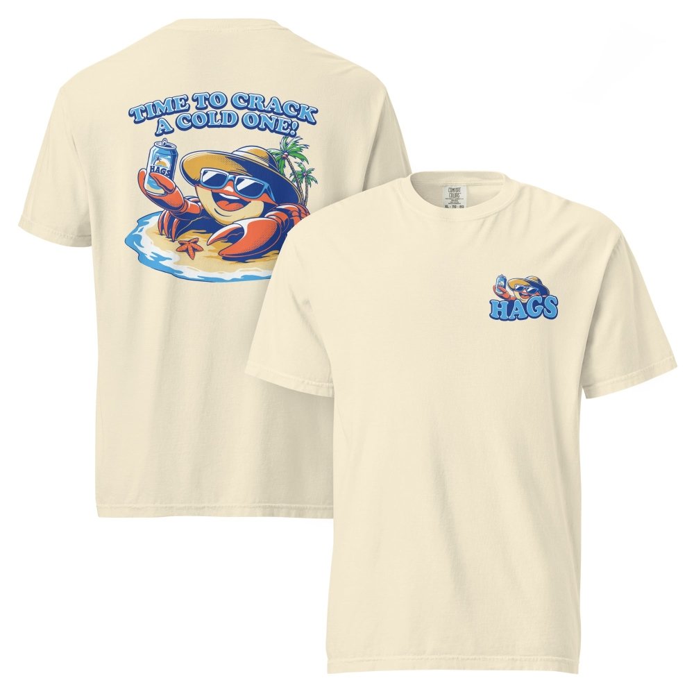 Front and back views of ivory HAGS Crack a Cold One crab T-shirt, showing small HAGS chest graphic and a colorful crab and Time to Crack a Cold One lettering.