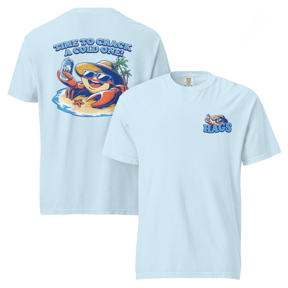 Front and back views of light blue HAGS Crack a Cold One crab T-shirt, showing small HAGS chest graphic and a colorful crab and Time to Crack a Cold One lettering.
