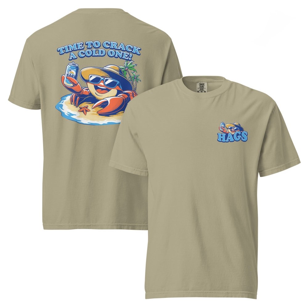 Front and back views of olive HAGS Crack a Cold One crab T-shirt, showing small HAGS chest graphic and a colorful crab and Time to Crack a Cold One lettering.