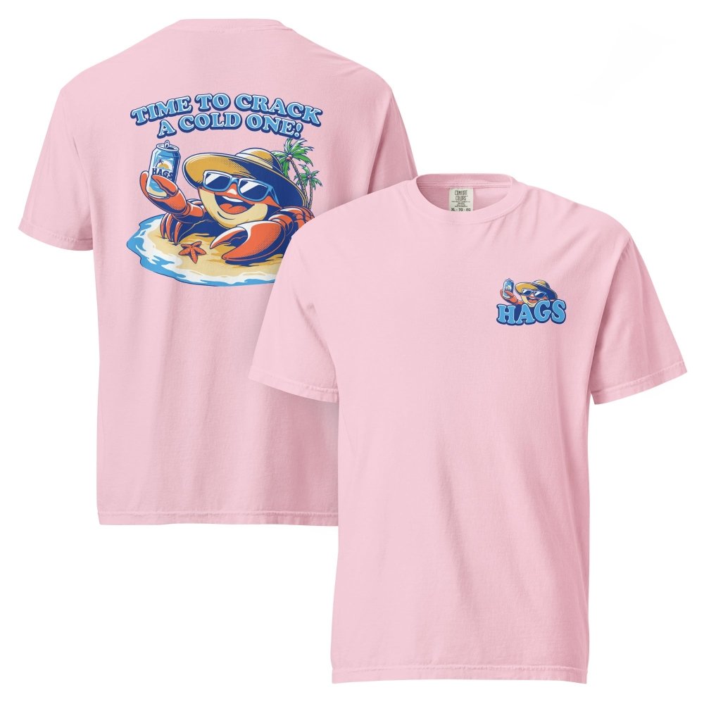 Front and back views of pink HAGS Crack a Cold One crab T-shirt, showing small HAGS chest graphic and a colorful crab and Time to Crack a Cold One lettering.