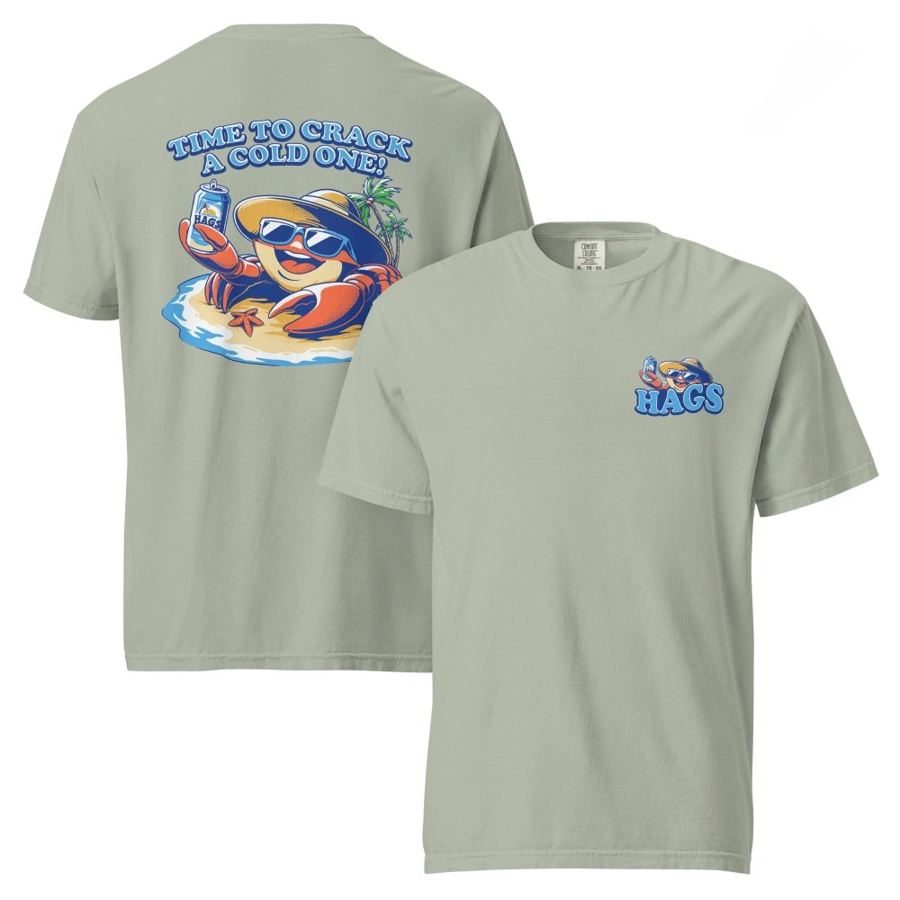 Front and back views of sage green HAGS Crack a Cold One crab T-shirt, showing small HAGS chest graphic and a colorful crab and Time to Crack a Cold One lettering.