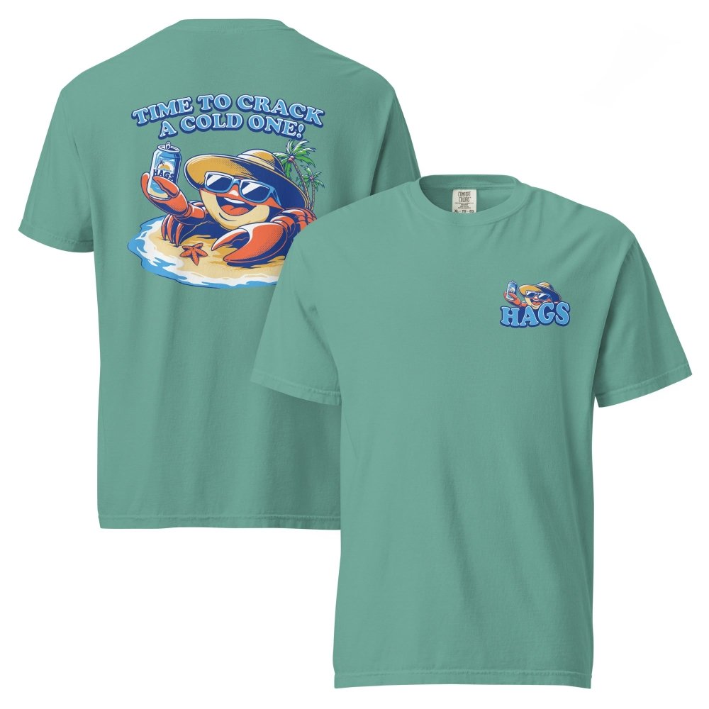Front and back views of seafoam green HAGS Crack a Cold One crab T-shirt, showing small HAGS chest graphic and a colorful crab and Time to Crack a Cold One lettering.