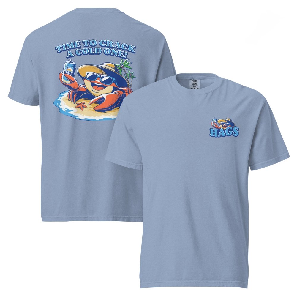 Front and back views of washed blue HAGS Crack a Cold One crab T-shirt, showing small HAGS chest graphic and a colorful crab and Time to Crack a Cold One lettering.
