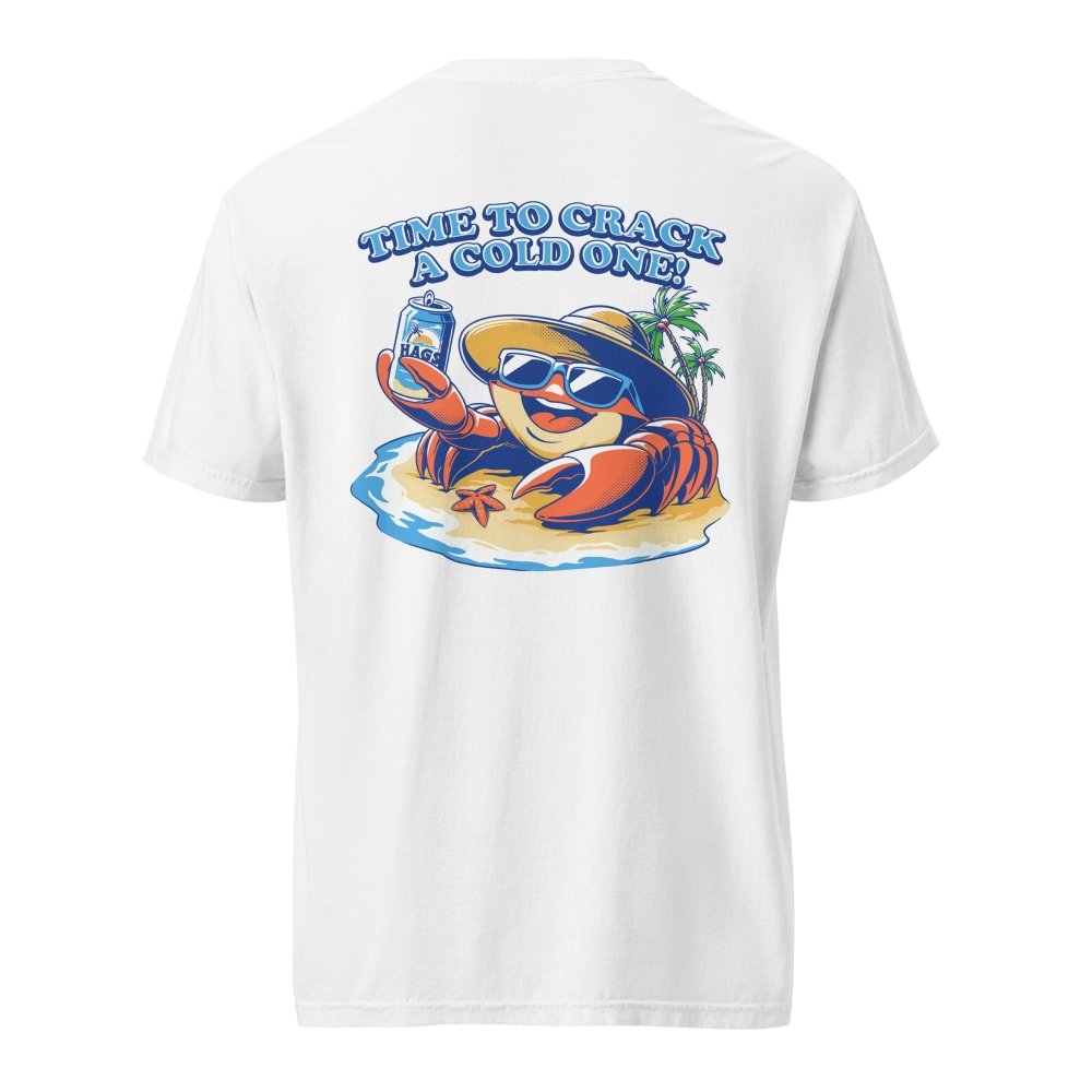 Back view of white HAGS Crack a Cold One crab T-shirt, showing a colorful crab and Time to Crack a Cold One lettering.