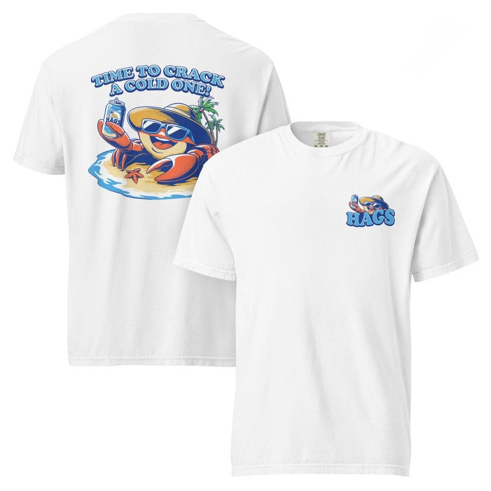 Front and back views of white HAGS Crack a Cold One crab T-shirt, showing small HAGS chest graphic and a colorful crab and Time to Crack a Cold One lettering.