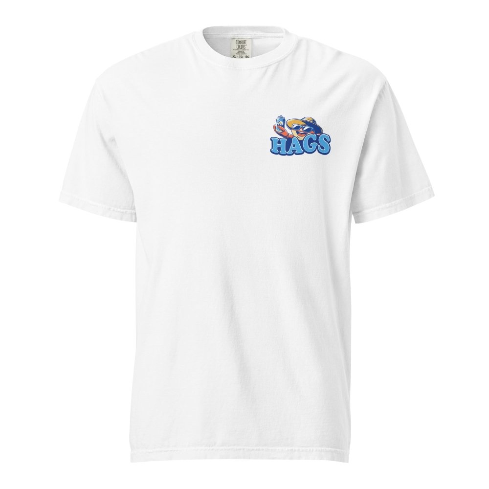 Front view of white HAGS Crack a Cold One crab T-shirt, showing small HAGS chest graphic.