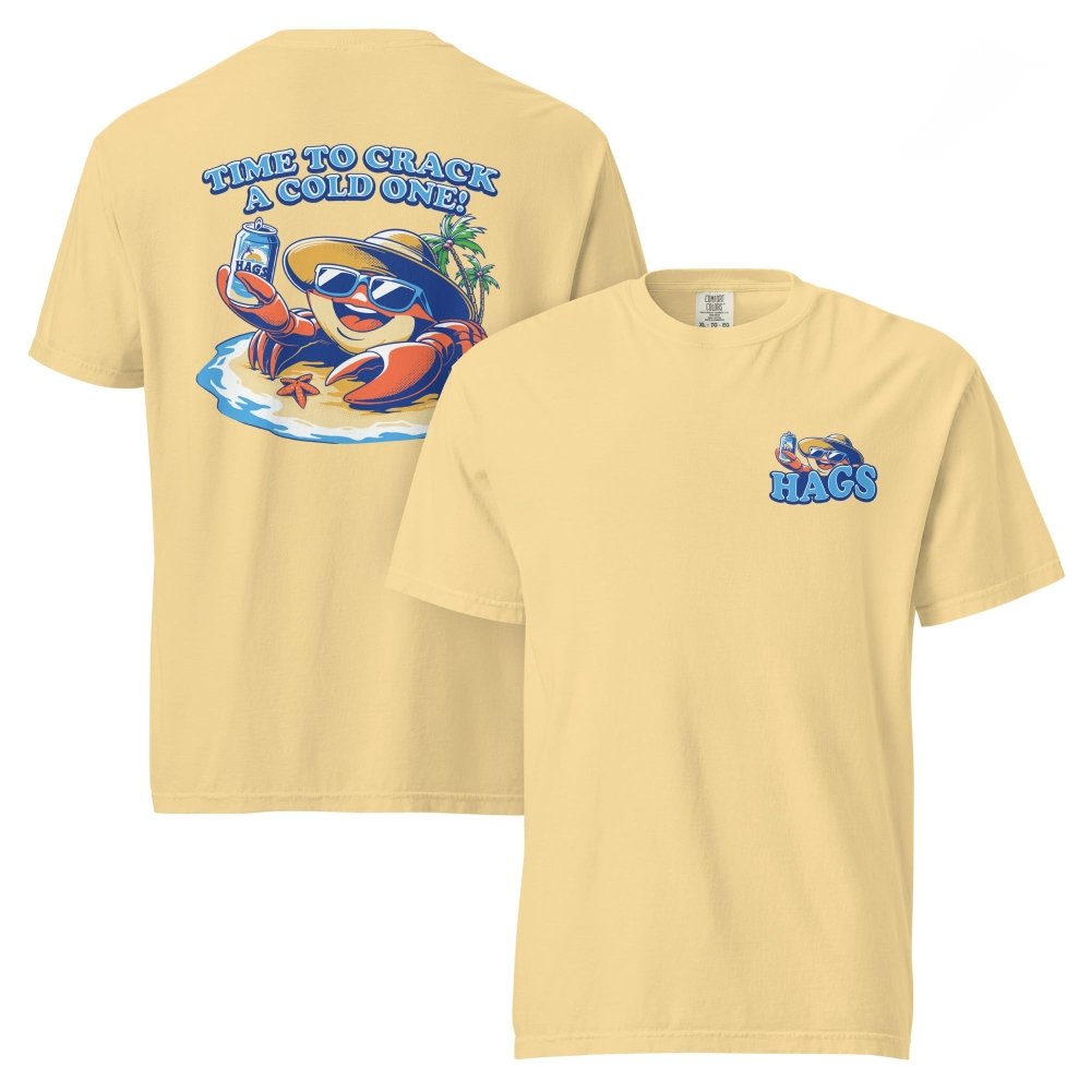Front and back views of yellow HAGS Crack a Cold One crab T-shirt, showing small HAGS chest graphic and a colorful crab and Time to Crack a Cold One lettering.
