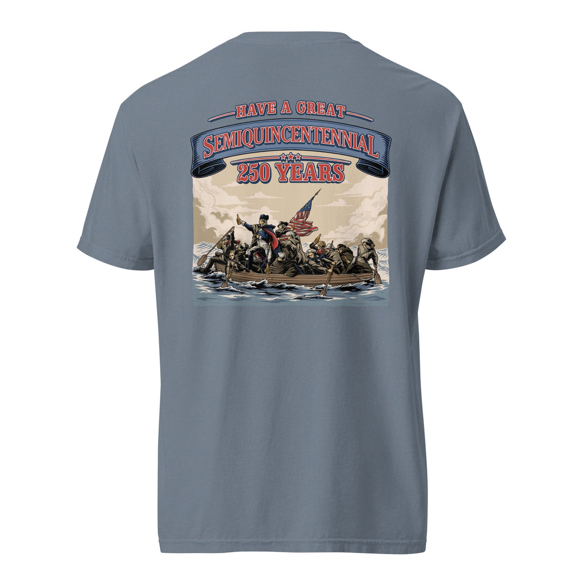 Back view of blue gray HAGS Crossing the Delaware Drinking Beers T-shirt, showing a Crossing the Delaware beer-themed illustration.