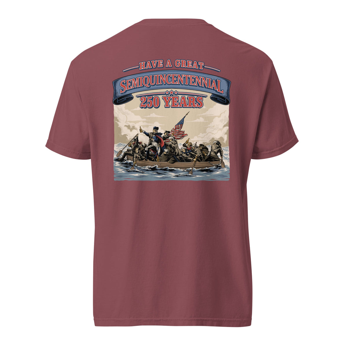 Back view of brick red HAGS Crossing the Delaware Drinking Beers T-shirt, showing a Crossing the Delaware beer-themed illustration.