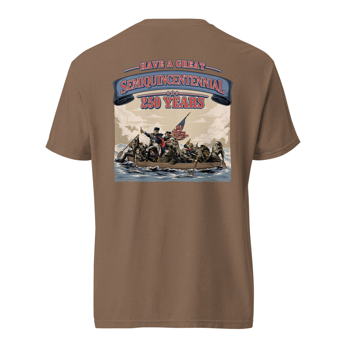 Back view of brown HAGS Crossing the Delaware Drinking Beers T-shirt, showing a Crossing the Delaware beer-themed illustration.