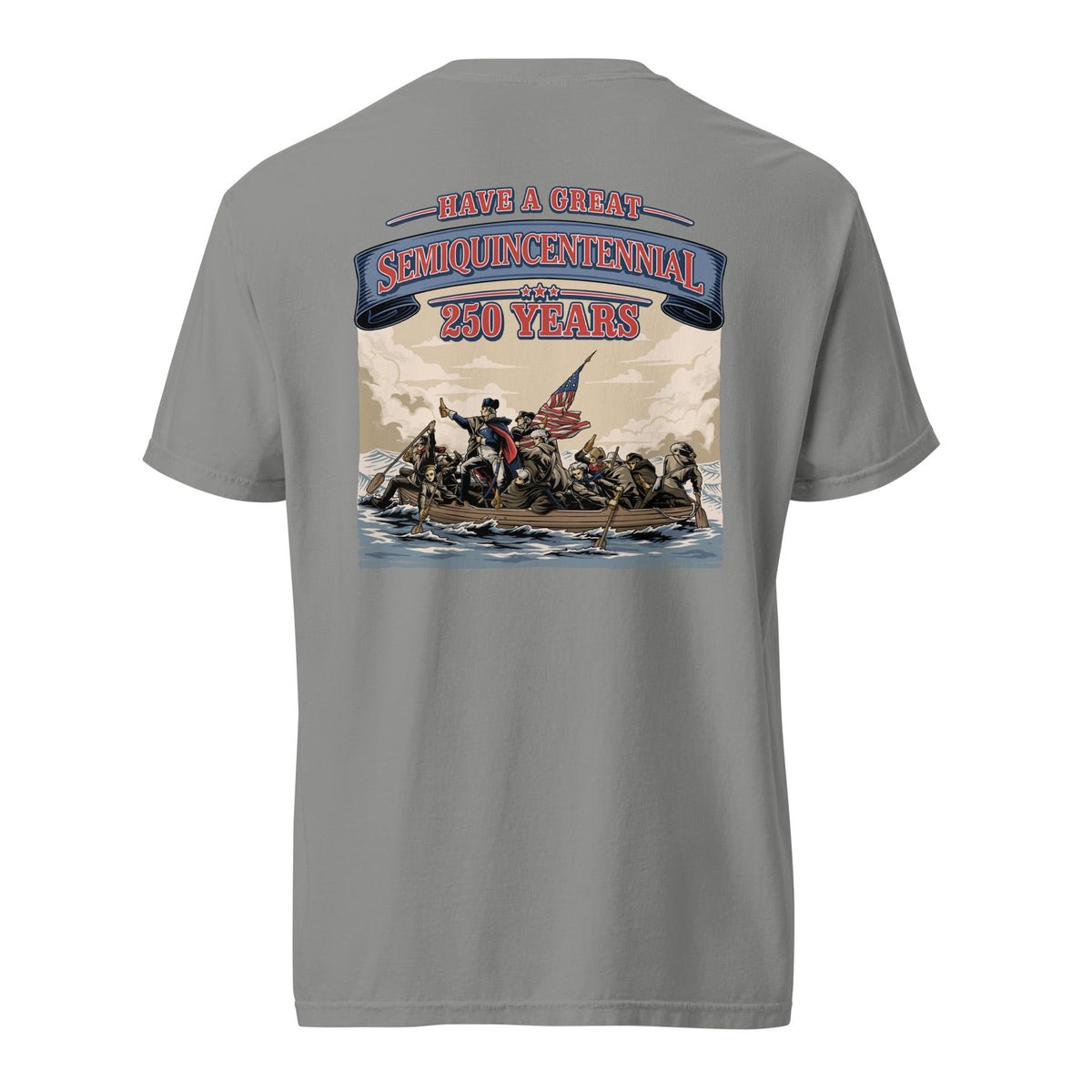 Back view of gray HAGS Crossing the Delaware Drinking Beers T-shirt, showing a Crossing the Delaware beer-themed illustration.