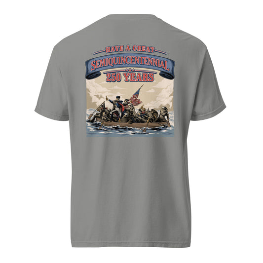 Back view of gray HAGS Crossing the Delaware Drinking Beers T-shirt, showing a Crossing the Delaware beer-themed illustration.