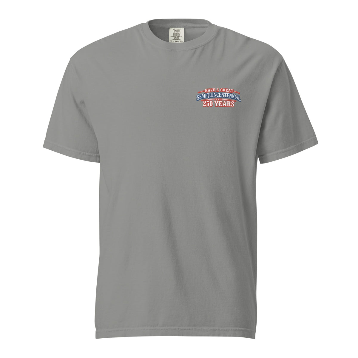 Front view of gray HAGS Crossing the Delaware Drinking Beers T-shirt, showing small America 250 chest graphic.