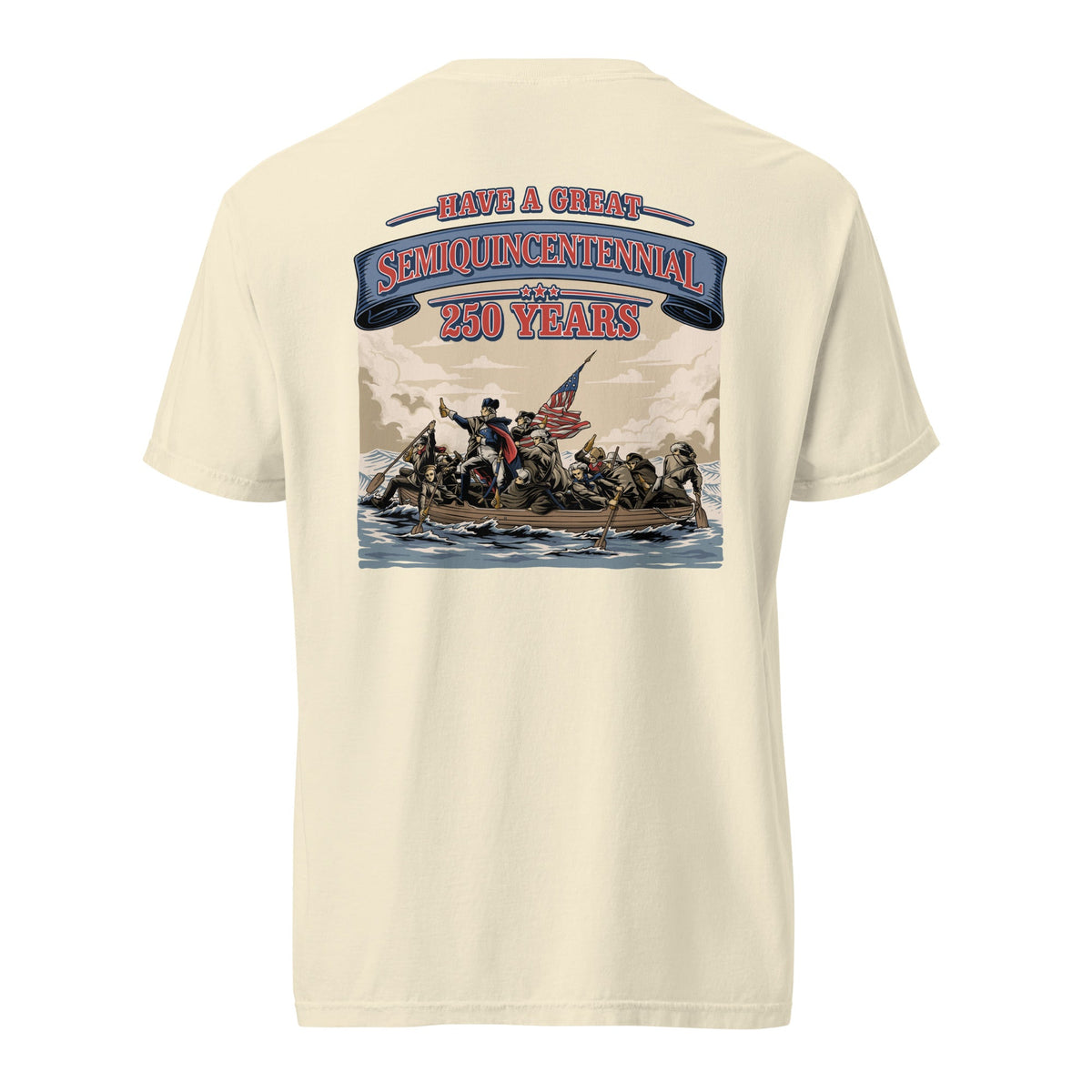 Back view of ivory HAGS Crossing the Delaware Drinking Beers T-shirt, showing a Crossing the Delaware beer-themed illustration.