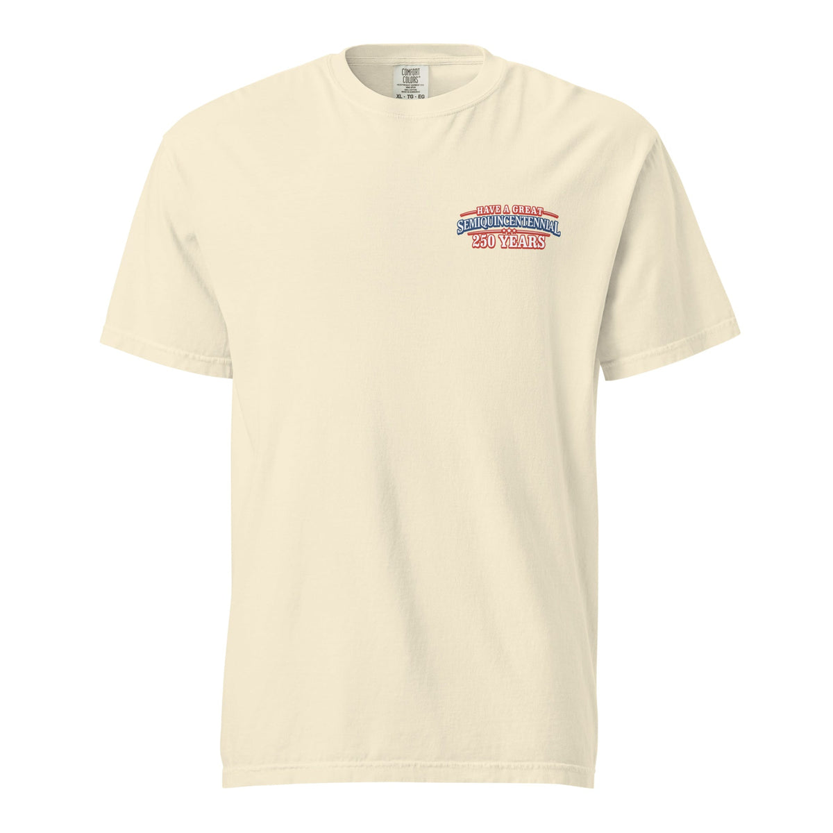 Front view of ivory HAGS Crossing the Delaware Drinking Beers T-shirt, showing small America 250 chest graphic.