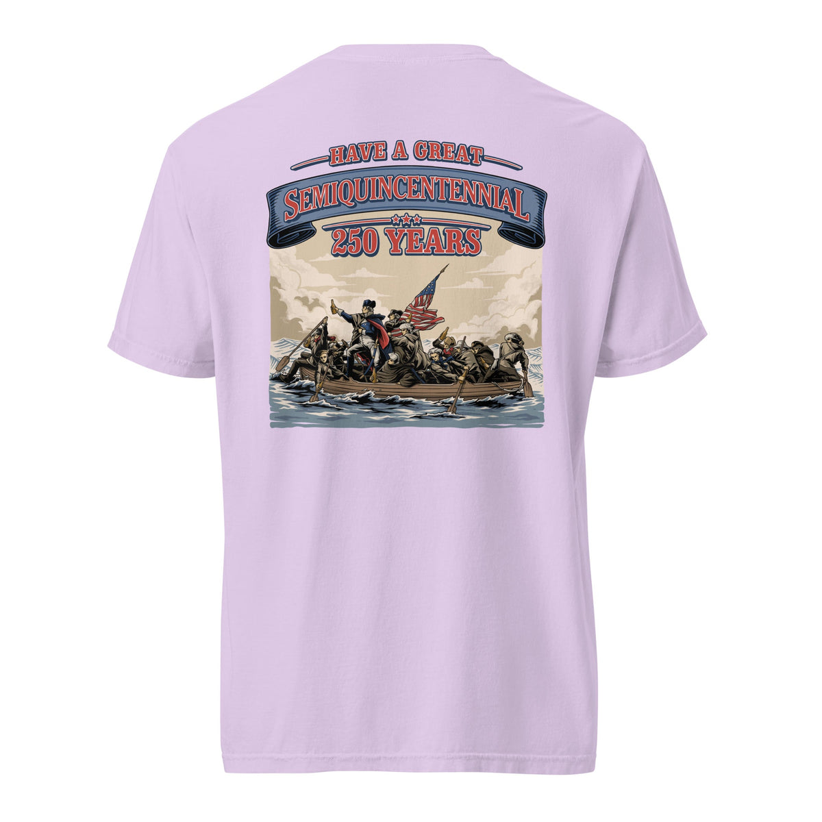Back view of lavender HAGS Crossing the Delaware Drinking Beers T-shirt, showing a Crossing the Delaware beer-themed illustration.