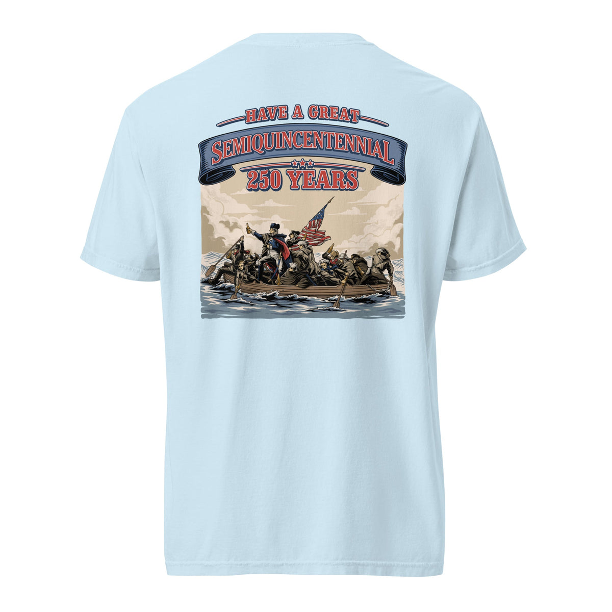 Back view of light blue HAGS Crossing the Delaware Drinking Beers T-shirt, showing a Crossing the Delaware beer-themed illustration.