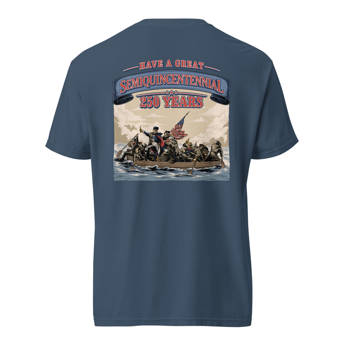 Back view of navy HAGS Crossing the Delaware Drinking Beers T-shirt, showing a Crossing the Delaware beer-themed illustration.