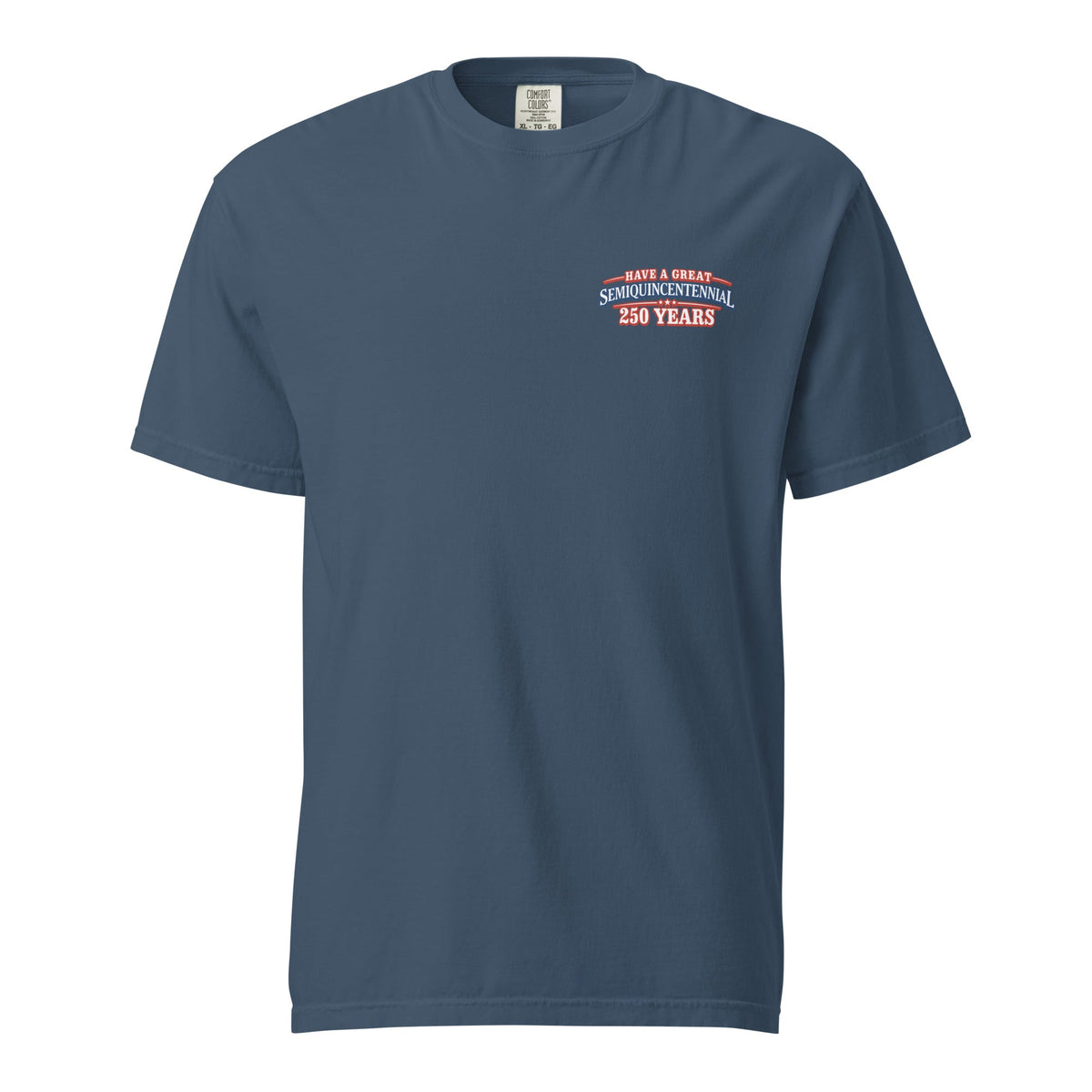 Front view of navy HAGS Crossing the Delaware Drinking Beers T-shirt, showing small America 250 chest graphic.