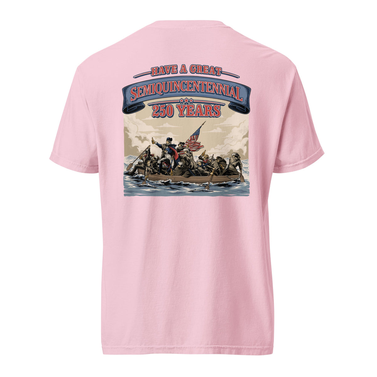 Back view of pink HAGS Crossing the Delaware Drinking Beers T-shirt, showing a Crossing the Delaware beer-themed illustration.