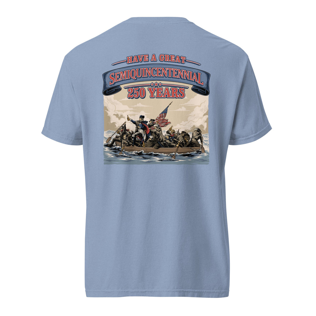 Back view of washed blue HAGS Crossing the Delaware Drinking Beers T-shirt, showing a Crossing the Delaware beer-themed illustration.
