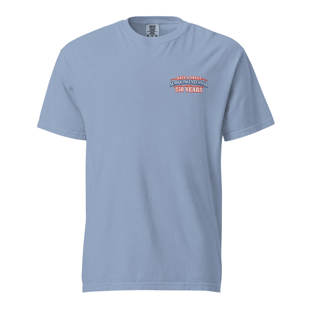 Front view of washed blue HAGS Crossing the Delaware Drinking Beers T-shirt, showing small America 250 chest graphic.