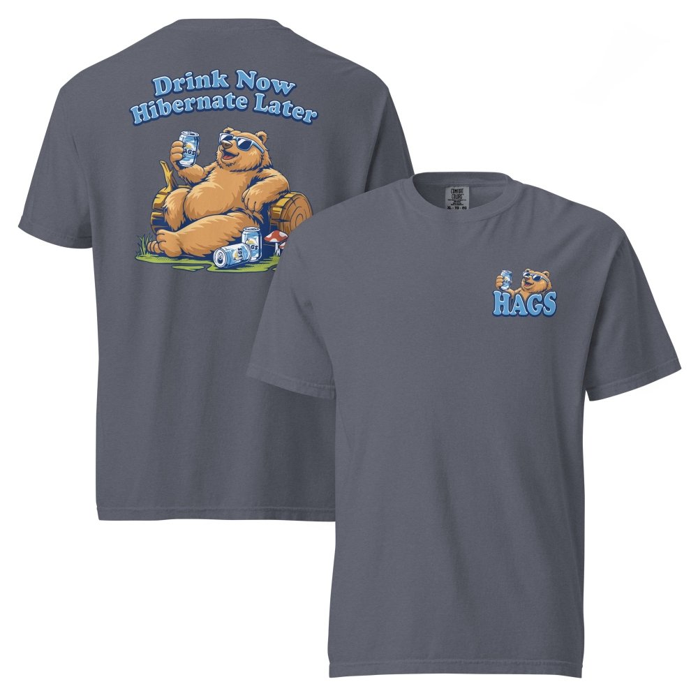Front and back views of dark denim HAGS Drink Now Hibernate Later bear T-shirt, showing small HAGS bear chest graphic and a seated bear and Drink Now Hibernate Later lettering.