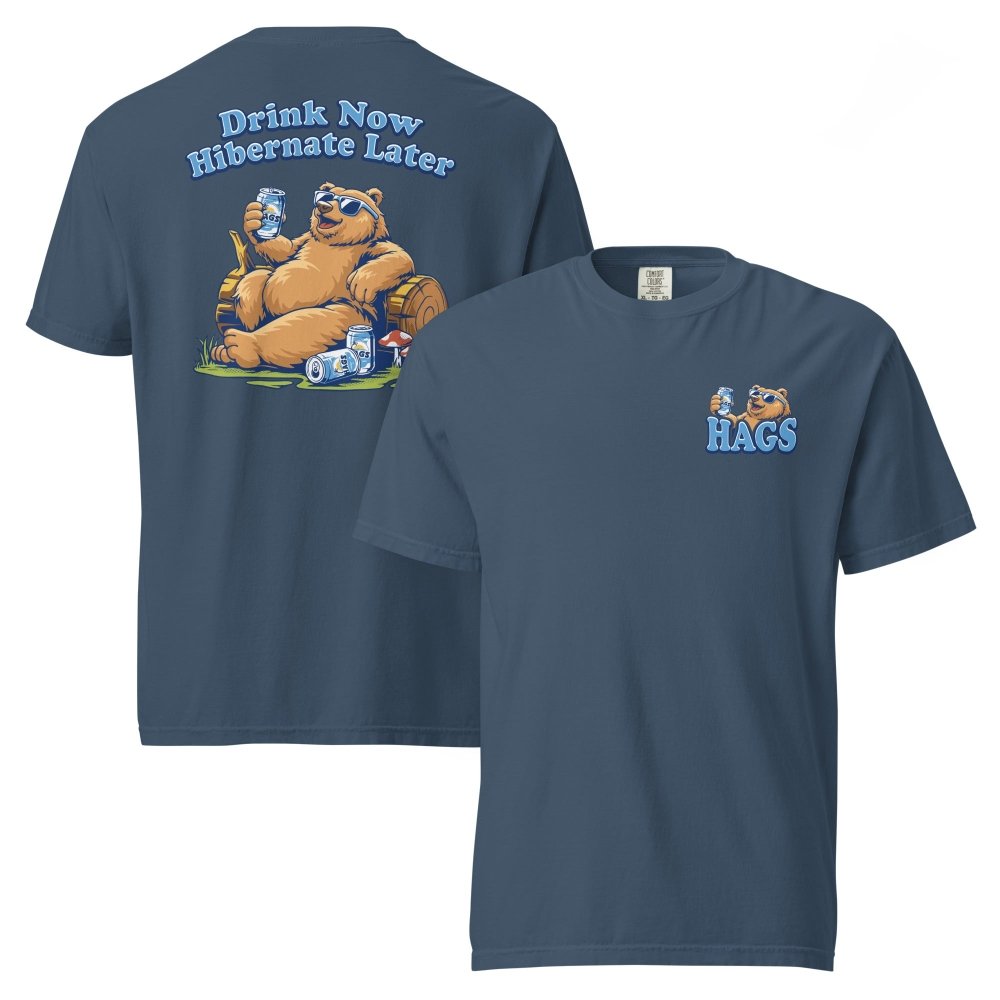 Front and back views of navy HAGS Drink Now Hibernate Later bear T-shirt, showing small HAGS bear chest graphic and a seated bear and Drink Now Hibernate Later lettering.