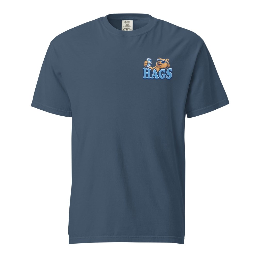 Front view of navy HAGS Drink Now Hibernate Later bear T-shirt, showing small HAGS bear chest graphic.