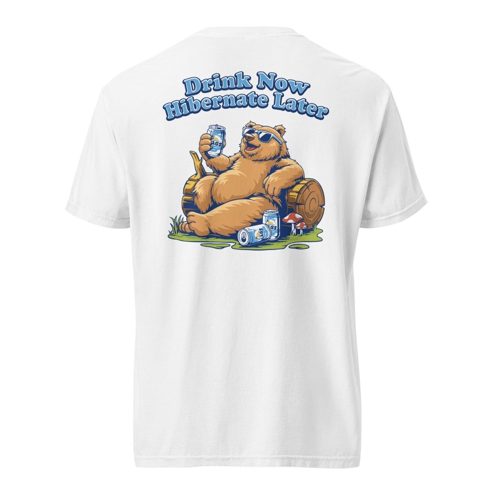 Back view of white HAGS Drink Now Hibernate Later bear T-shirt, showing a seated bear and Drink Now Hibernate Later lettering.