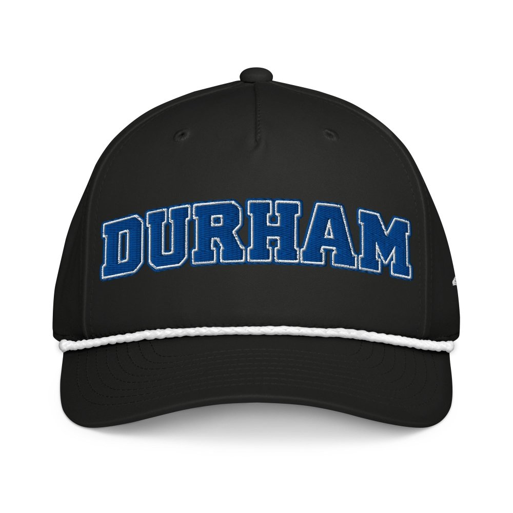 Front view of black HAGS Durham North Carolina rope hat, showing blue DURHAM lettering.
