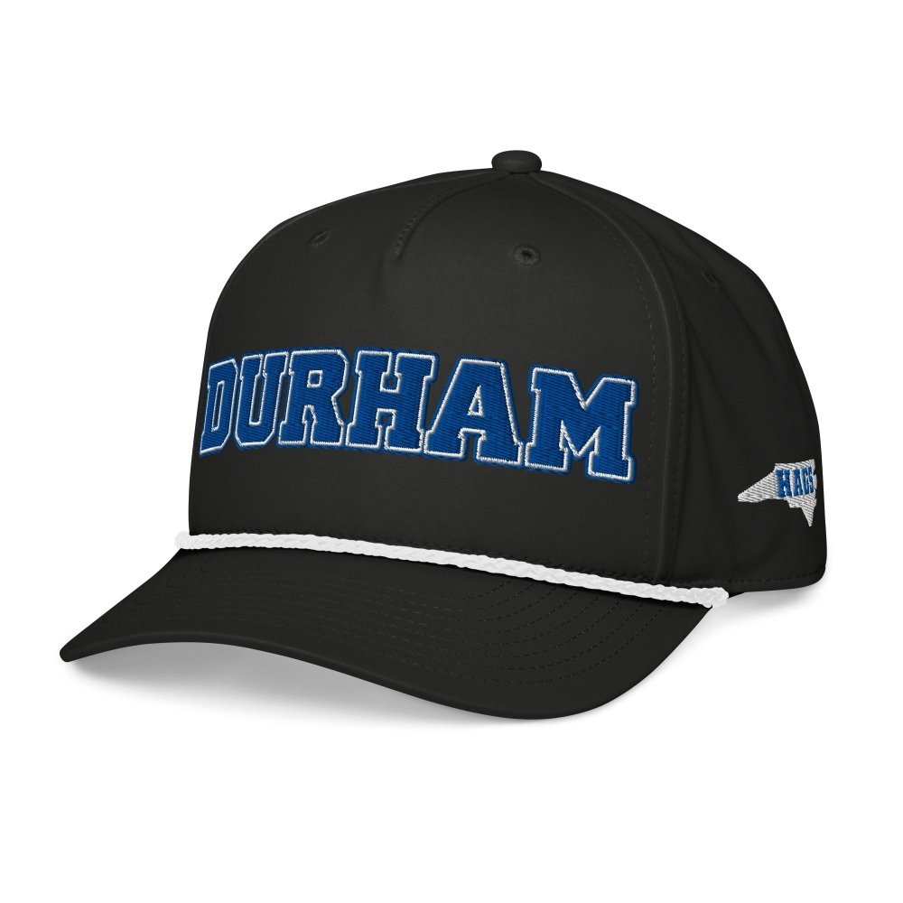 Angled front view of black HAGS Durham North Carolina rope hat, showing blue DURHAM lettering.