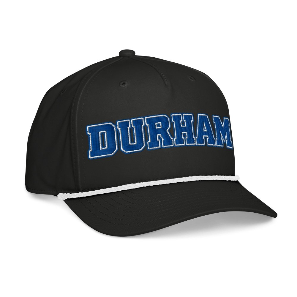 Opposite angled front view of black HAGS Durham North Carolina rope hat, showing blue DURHAM lettering.