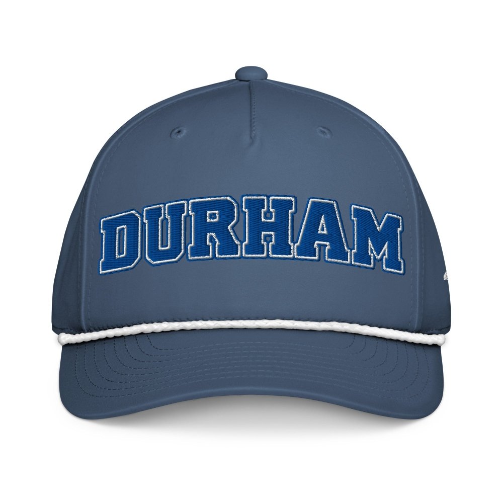 Front view of navy HAGS Durham North Carolina rope hat, showing blue DURHAM lettering.