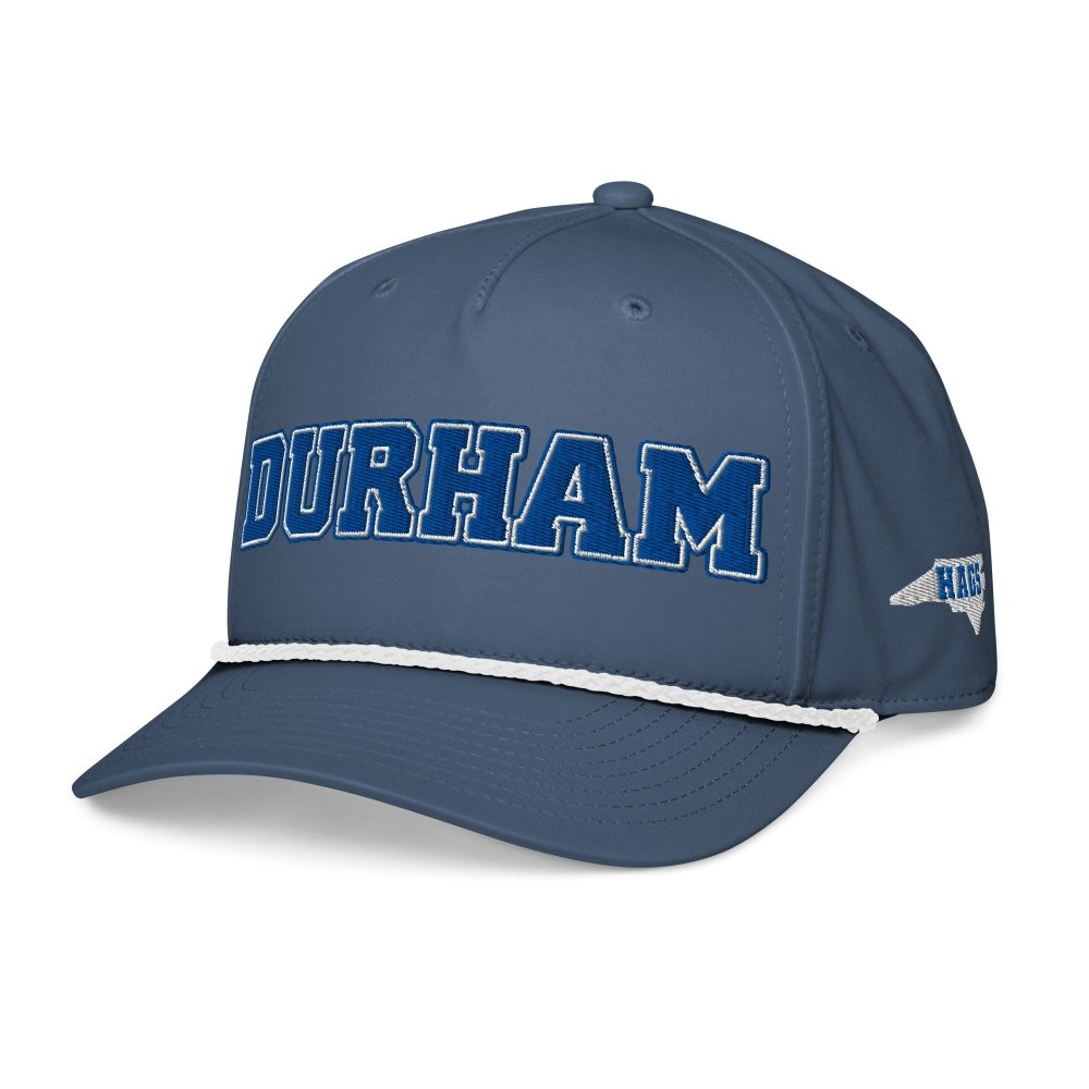 Angled front view of navy HAGS Durham North Carolina rope hat, showing blue DURHAM lettering.